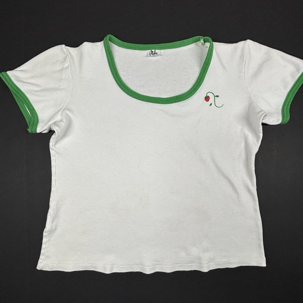 VTG 70s Babydoll T-shirt Strawberry Single Stitch Border Cap Sleeve Rockabilly